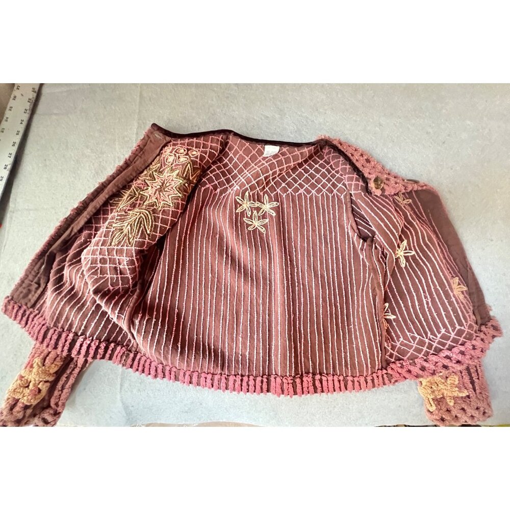 Chenille Cardigan With Loop Details on flowers Leaves Handmade Pink Rose - Picture 7 of 13